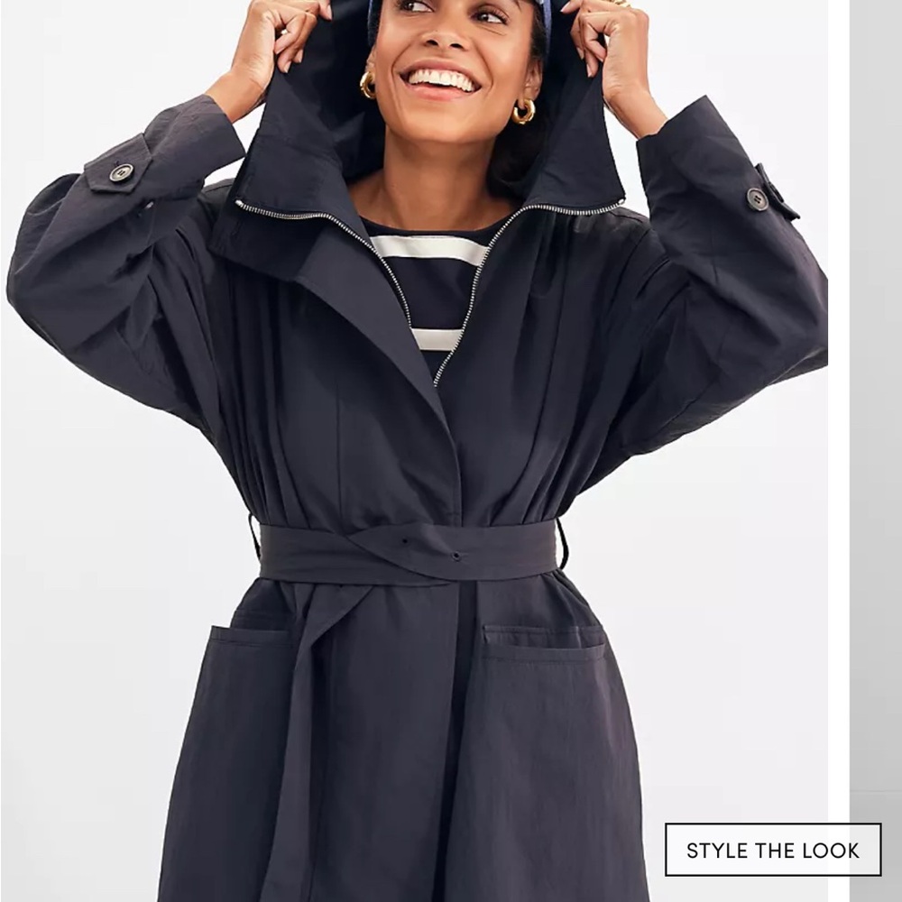 Ann Taylor Navy Blue Hooded Belted Coat petite L